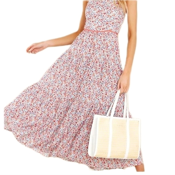 Aakaa Dresses & Skirts - AaKaa Tiered Floral Criss-cross Back Midi Dress
